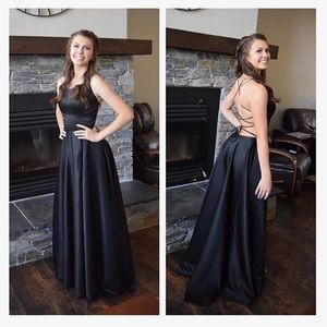 black, lace up, silky prom dress, barely used, good condition,